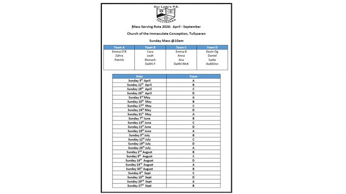 Altar Server Rota 2026